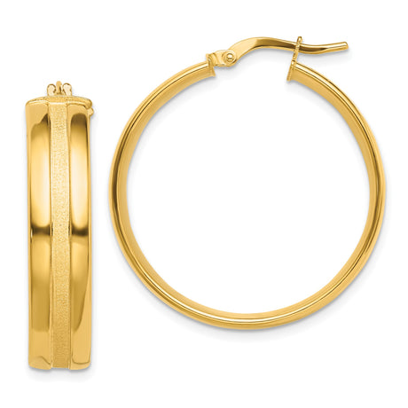 14k Yellow Gold Hoop Earrings with Brushed and Polished Stripe Finish, Medium Hinged Hoops