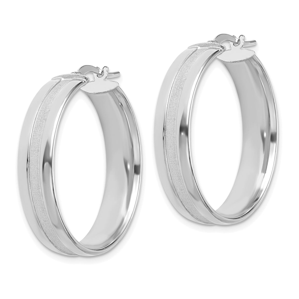 14k White Gold Hoop Earrings with Satin and Polished Finish, Round Minimalist Design