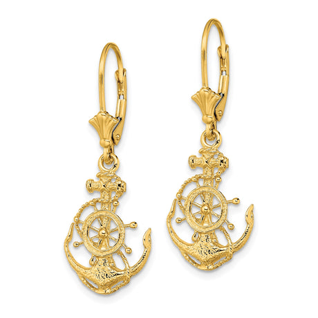 14k Yellow Gold Dangle Earrings with Anchor and Ship Wheel Nautical Design for Women