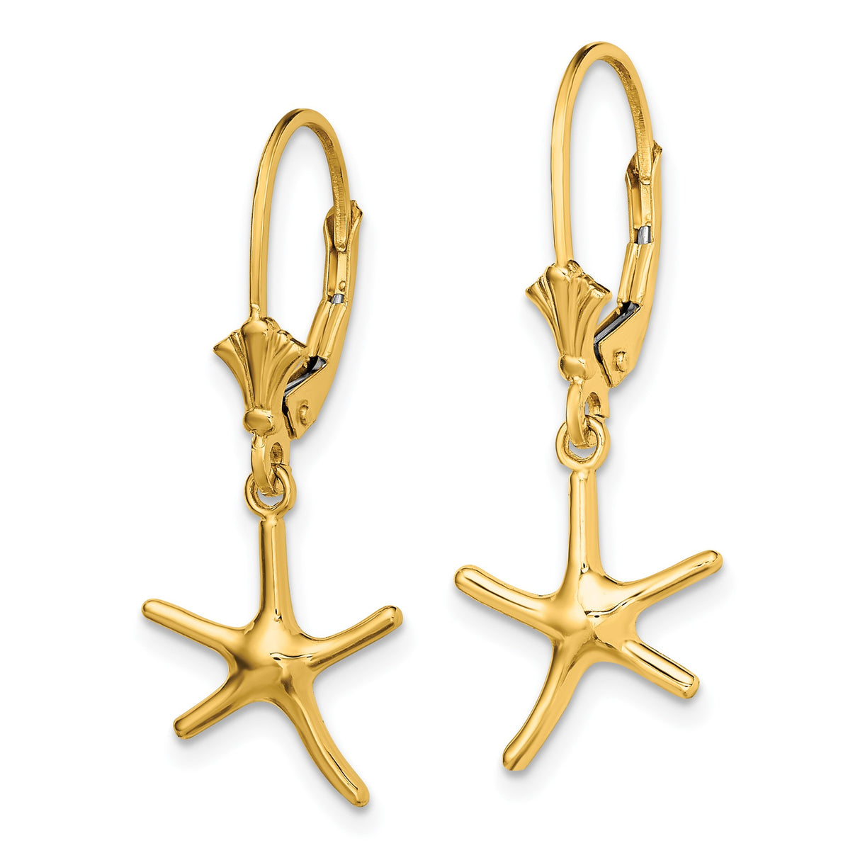14k Yellow Gold Starfish Dangle Earrings with Leverback Closure, Nautical Beach Style for Women