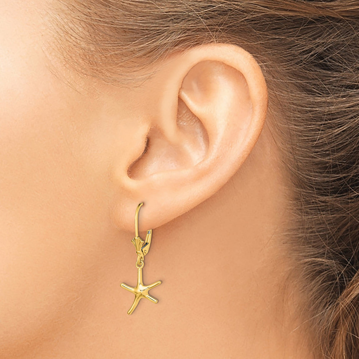 14k Yellow Gold Starfish Dangle Earrings with Leverback Closure, Nautical Beach Style for Women