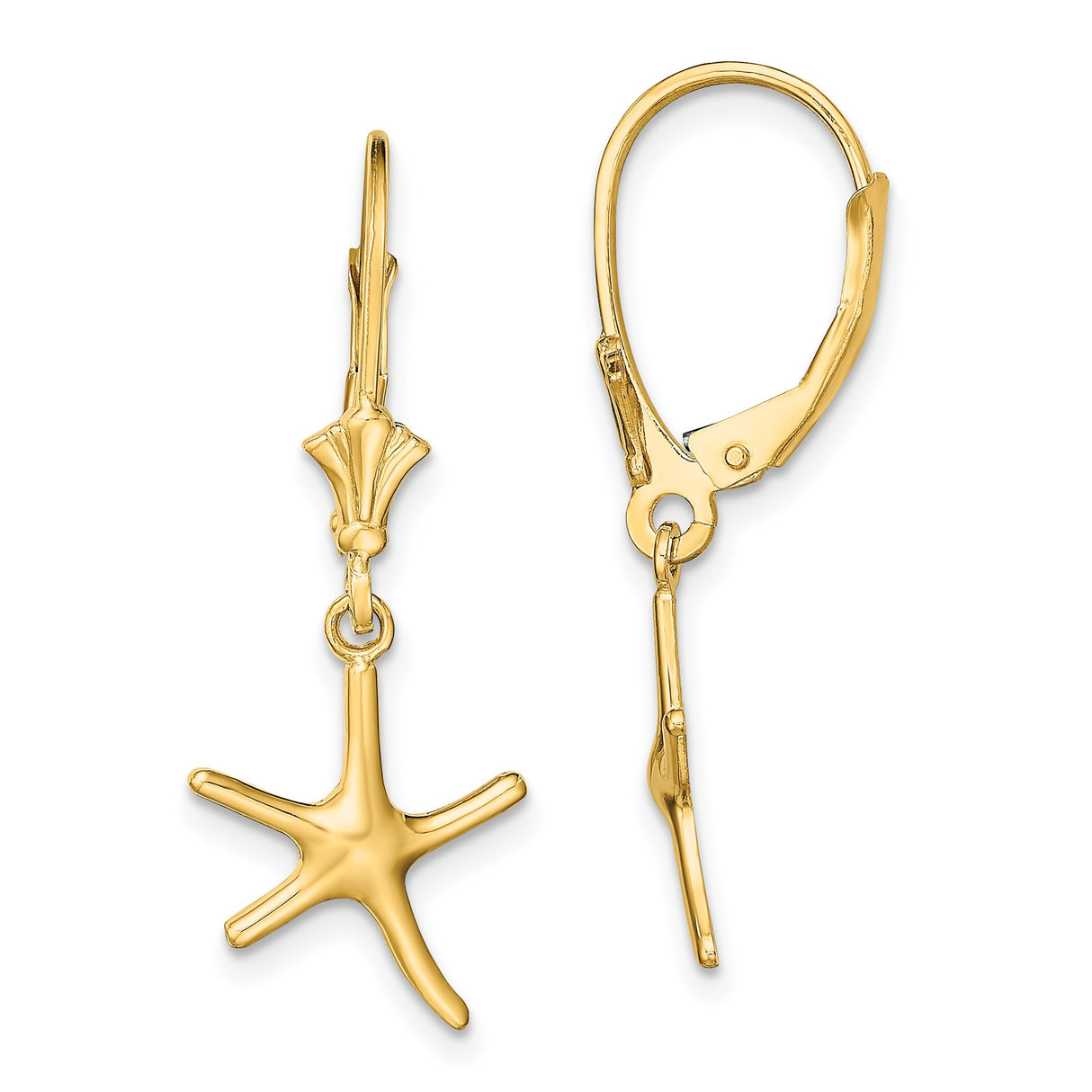 14k Yellow Gold Starfish Dangle Earrings with Leverback Closure, Nautical Beach Style for Women