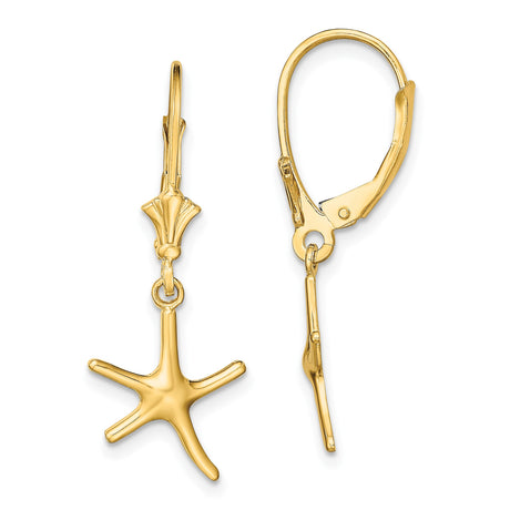 14k Yellow Gold Starfish Dangle Earrings with Leverback Closure, Nautical Beach Style for Women