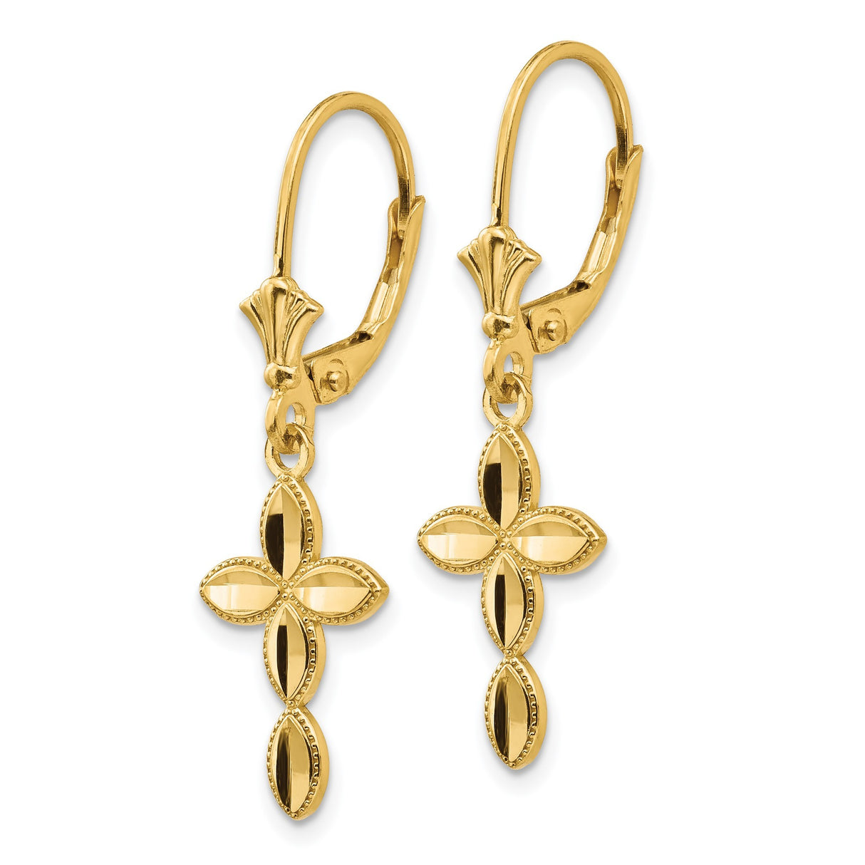 14k Yellow Gold Cross Earrings with Floral Motif, Beaded Edge, Milgrain Detail, Leverback Closure
