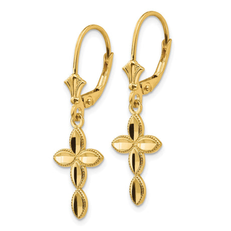 14k Yellow Gold Cross Earrings with Floral Motif, Beaded Edge, Milgrain Detail, Leverback Closure