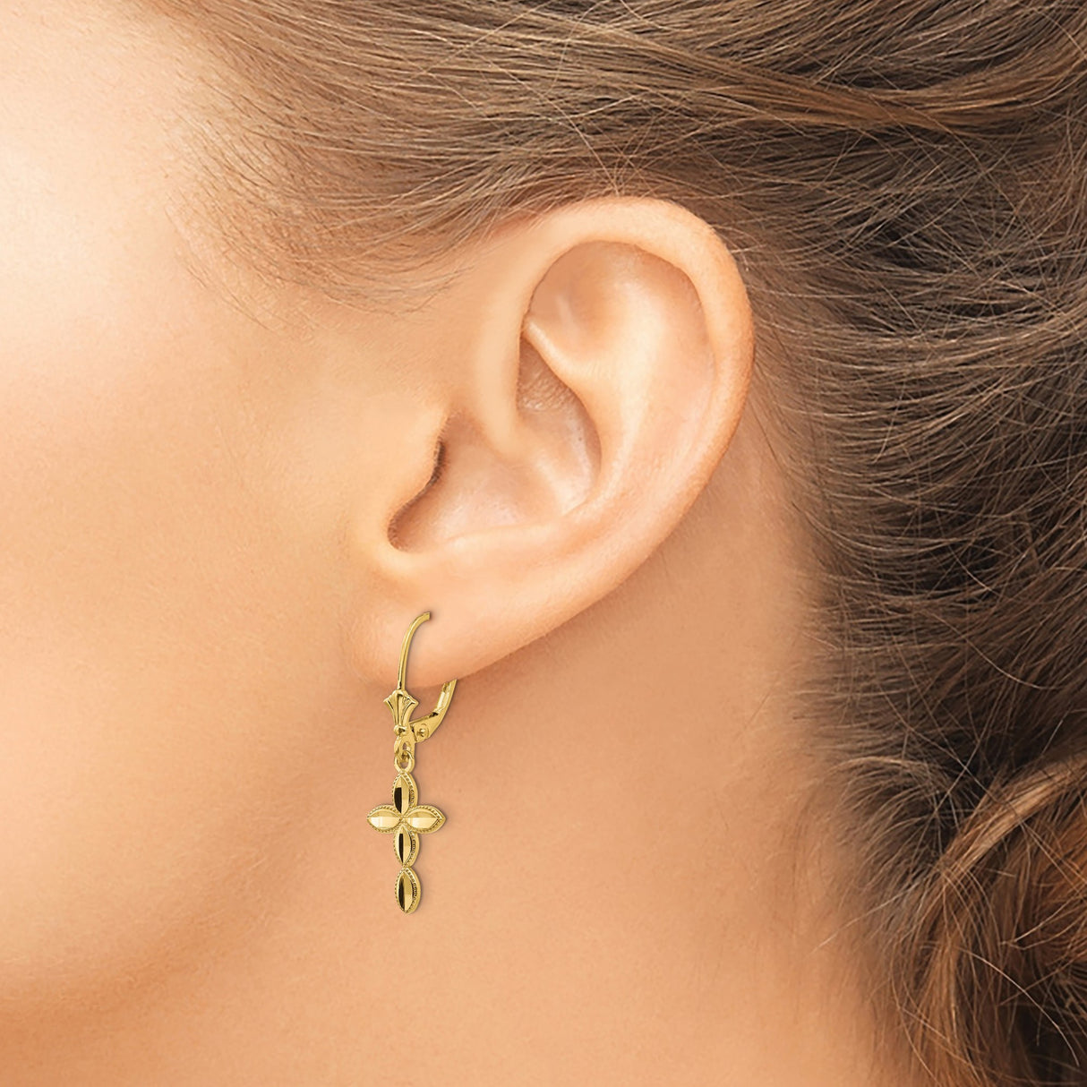 14k Yellow Gold Dangle Earrings with Marquise Cross Design, Leverback Christian Jewelry for Women