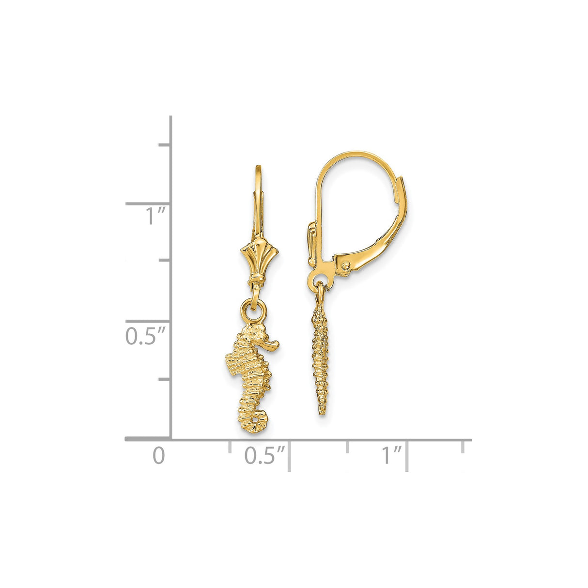 14k Yellow Gold Seahorse Dangle Earrings, Nautical Ocean Theme, Leverback Backs for Women