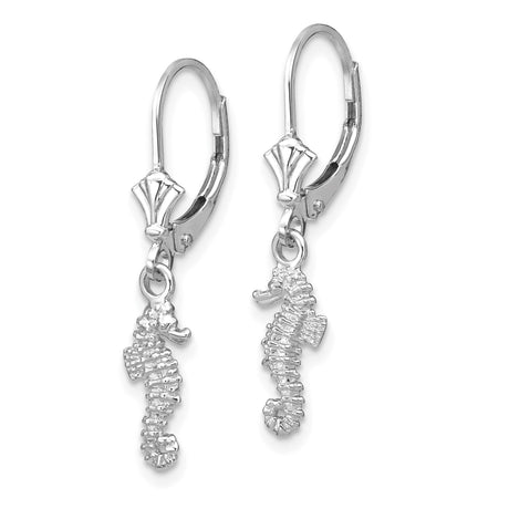14k White Gold Seahorse Dangle Earrings, Nautical Ocean Theme for Women