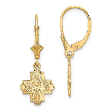 14k Yellow Gold Leverback Earrings with Four-Way Cross, Virgin Mary and Angels