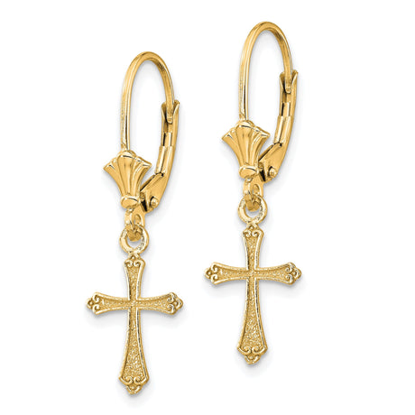 14k Yellow Gold Dangle Earrings with Ornate Cross Charms, Filigree Design, Leverback Hooks