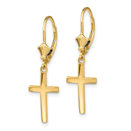 14k Yellow Gold Cross Dangle Earrings with Leverback Clasps, Polished Religious Jewelry for Women