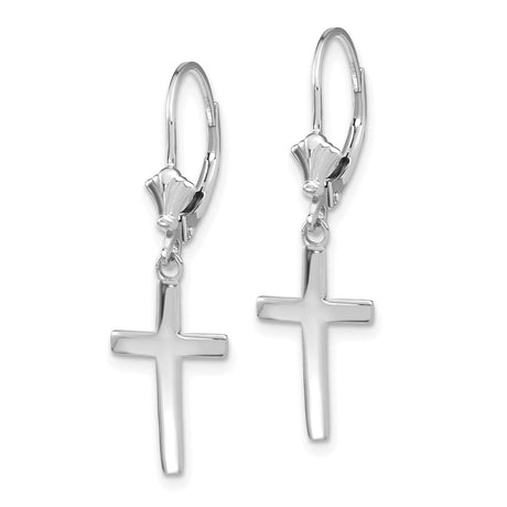 14k White Gold Cross Dangle Earrings, Leverback Christian Faith Jewelry for Women