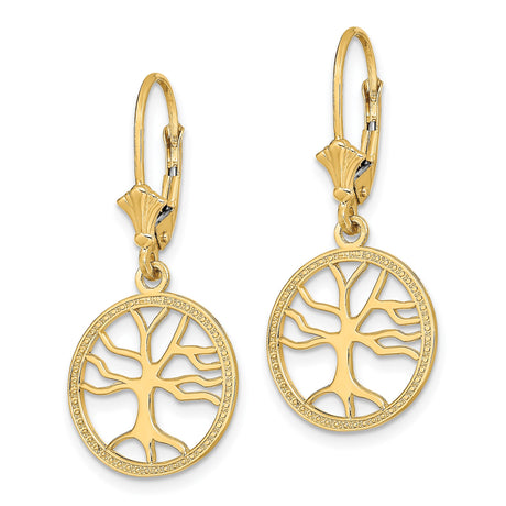 14k Yellow Gold Drop Earrings with Openwork Tree of Life Design, Leverback Style