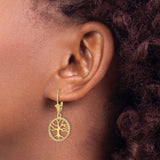 14k Yellow Gold Dangle Earrings with Tree of Life Openwork Design, Leverback Closure