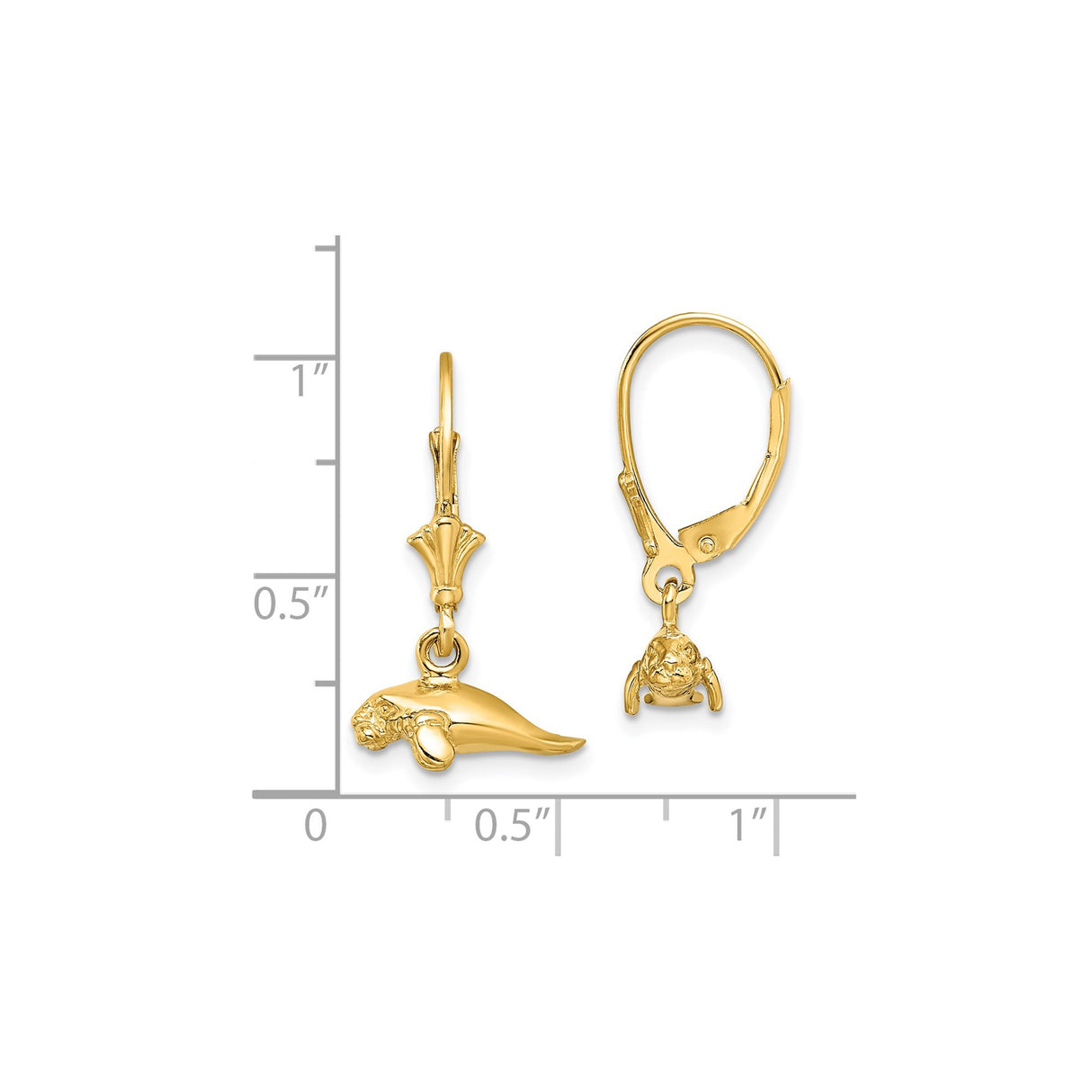14k Yellow Gold Manatee Dangle Earrings with Leverbacks, Ocean Life Jewelry for Women