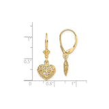 14k Yellow Gold Dangle Heart Earrings, Openwork Floral Scroll Design, Leverback Closure
