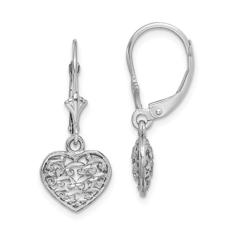14k White Gold Heart Dangle Earrings with Leverback Closure and Filigree Scrollwork Design