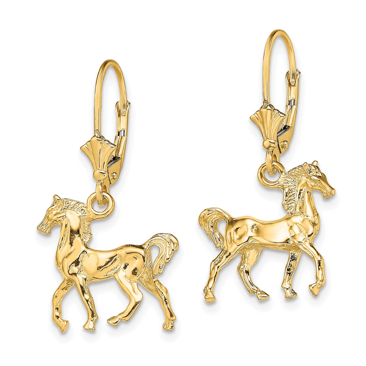 14k Yellow Gold Dangle Earrings with Prancing Horse Charms, Equestrian Western Style for Women