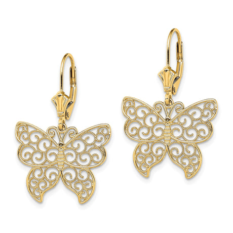 14k Yellow Gold Butterfly Dangle Earrings with Filigree Design, Leverback Style for Women