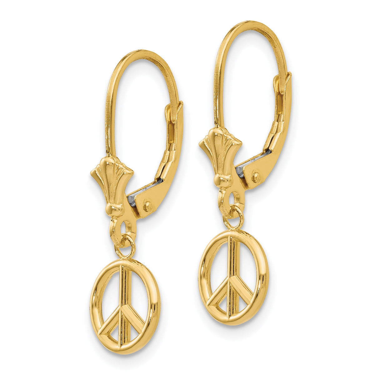 14k Yellow Gold Dangle Earrings with Peace Sign Charm, Leverback Boho Drop Style for Women
