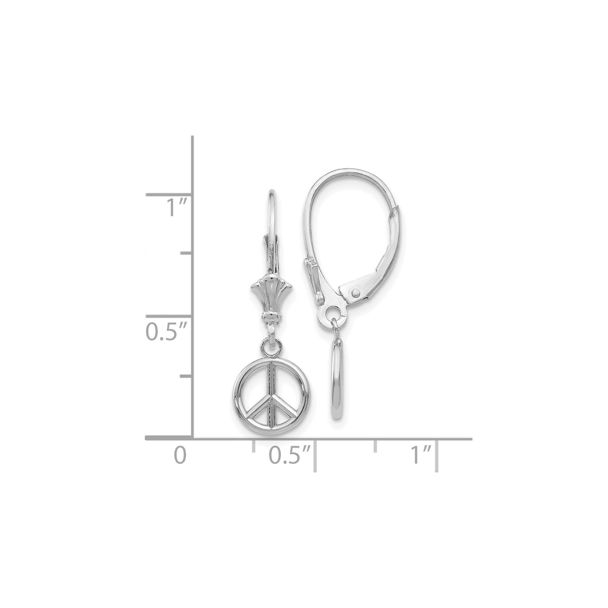 14k White Gold Dangle Earrings with Peace Sign Charm, Boho Inspired Leverback Drops for Women