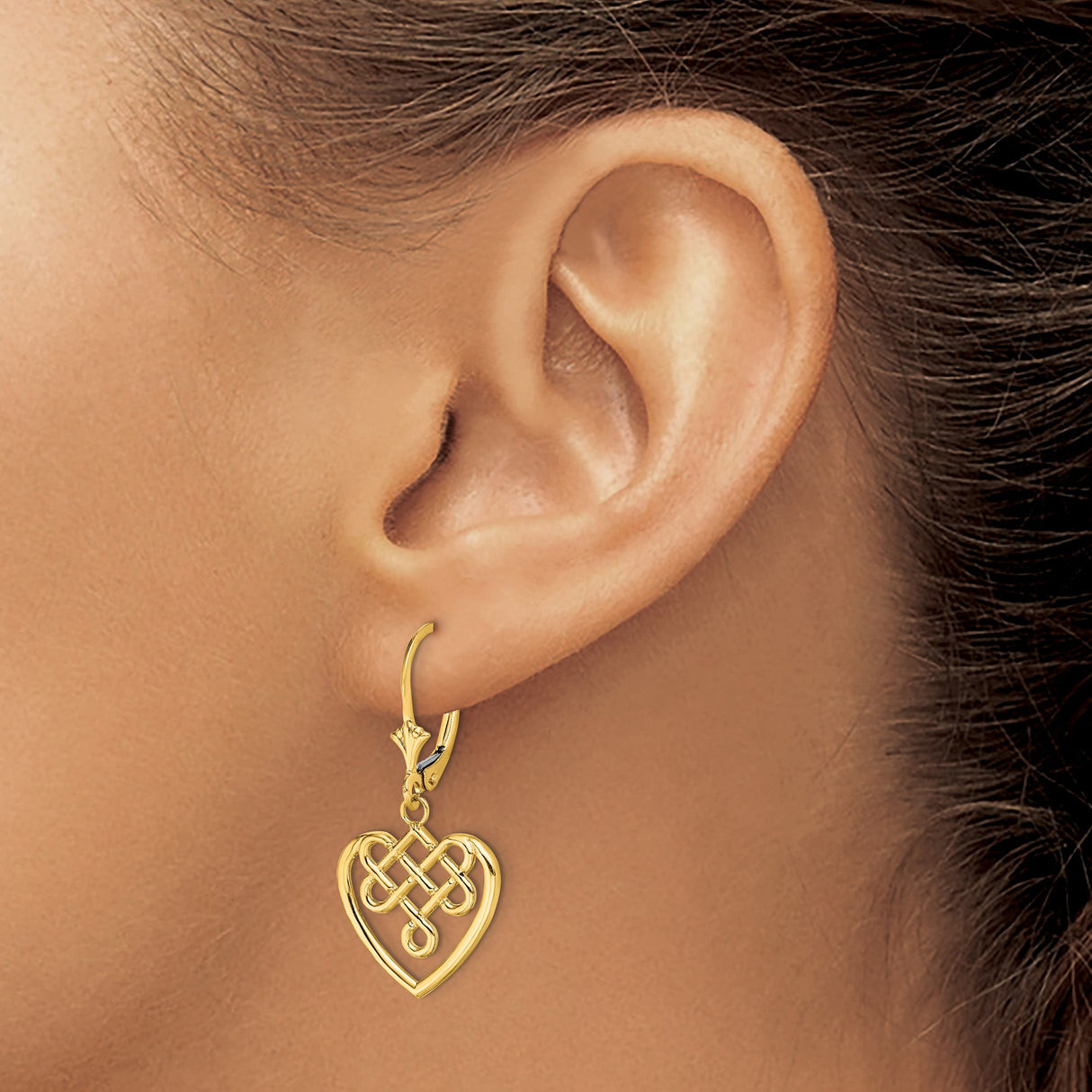 14k Yellow Gold Dangle Earrings with Open Heart and Celtic Knot Design