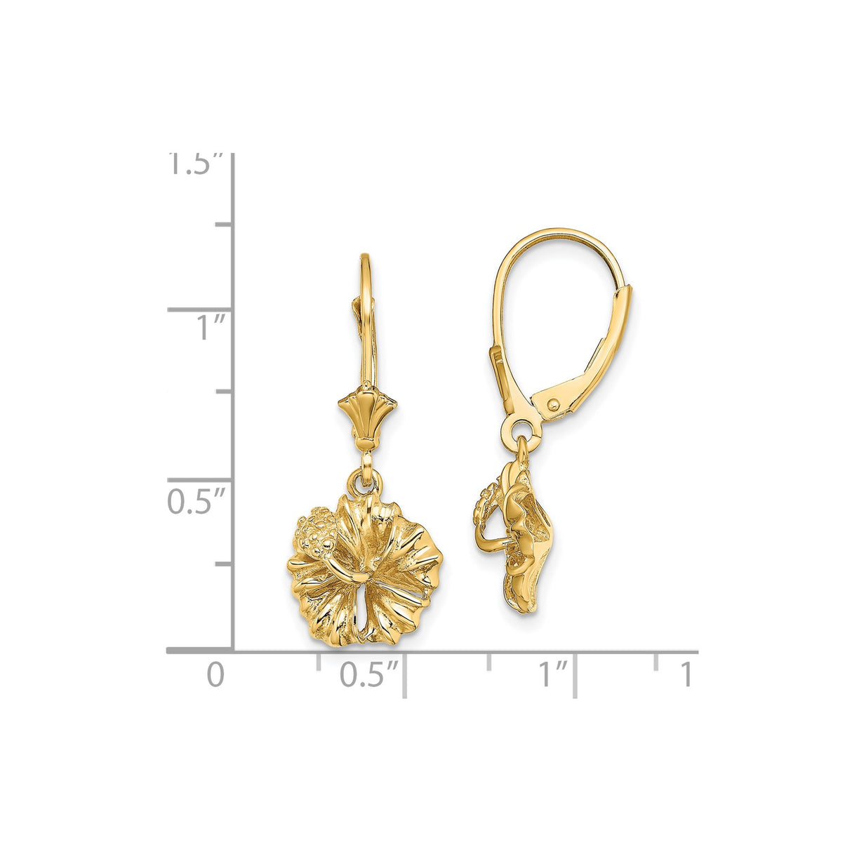 14k Yellow Gold Leverback Earrings with Hibiscus Flower Charms, Tropical Floral Design