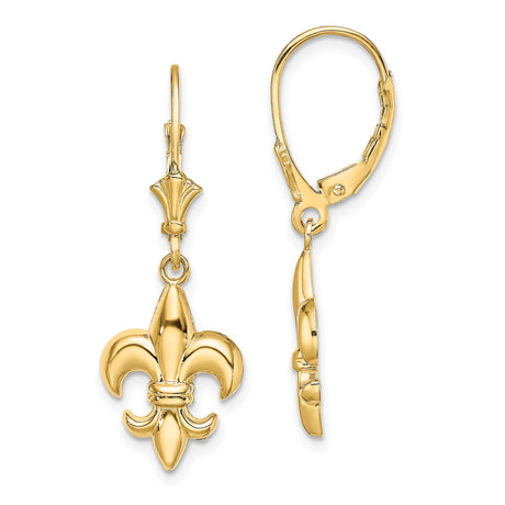 14k Yellow Gold Fleur-de-Lis Leverback Earrings, French Heritage Dangle Jewelry for Women