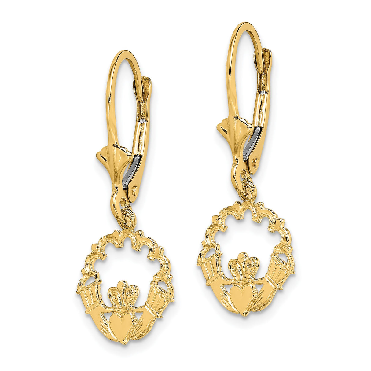 14k Yellow Gold Claddagh Dangle Earrings with Leverbacks, Celtic Crowned Heart and Hands Design