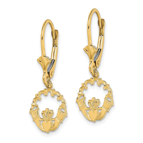 14k Yellow Gold Claddagh Dangle Earrings with Leverbacks, Celtic Crowned Heart and Hands Design
