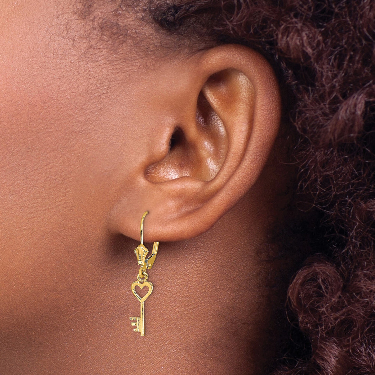 14k Yellow Gold Heart Key Dangle Earrings with Leverback Closure for Women