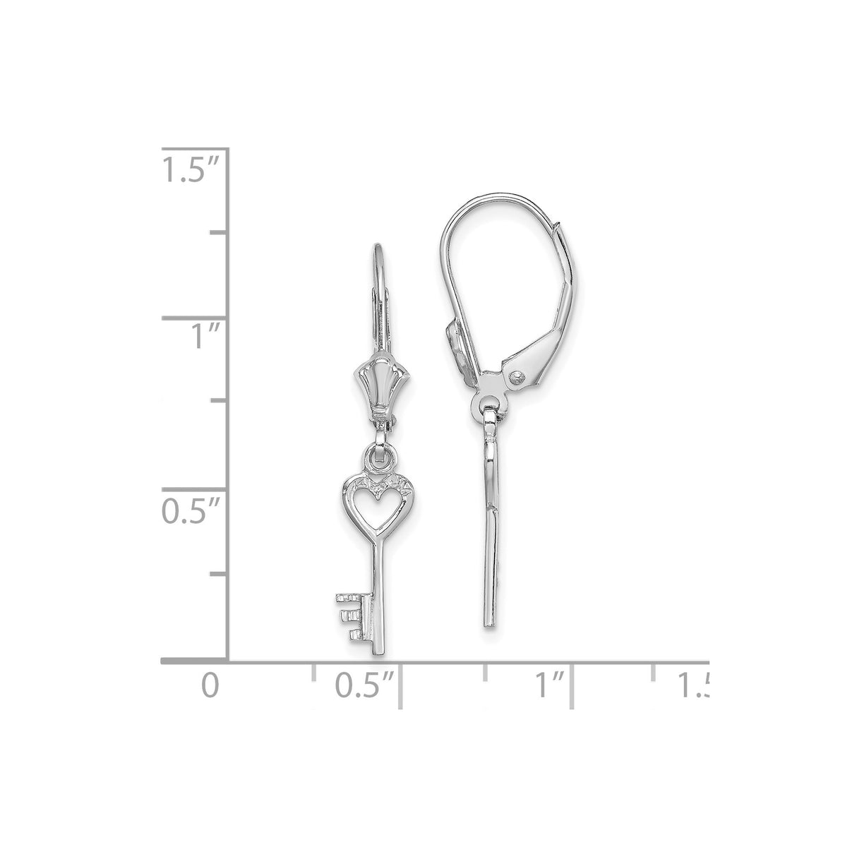 14k White Gold Dangle Earrings with Heart Key Charm, Leverback Drop Design for Women