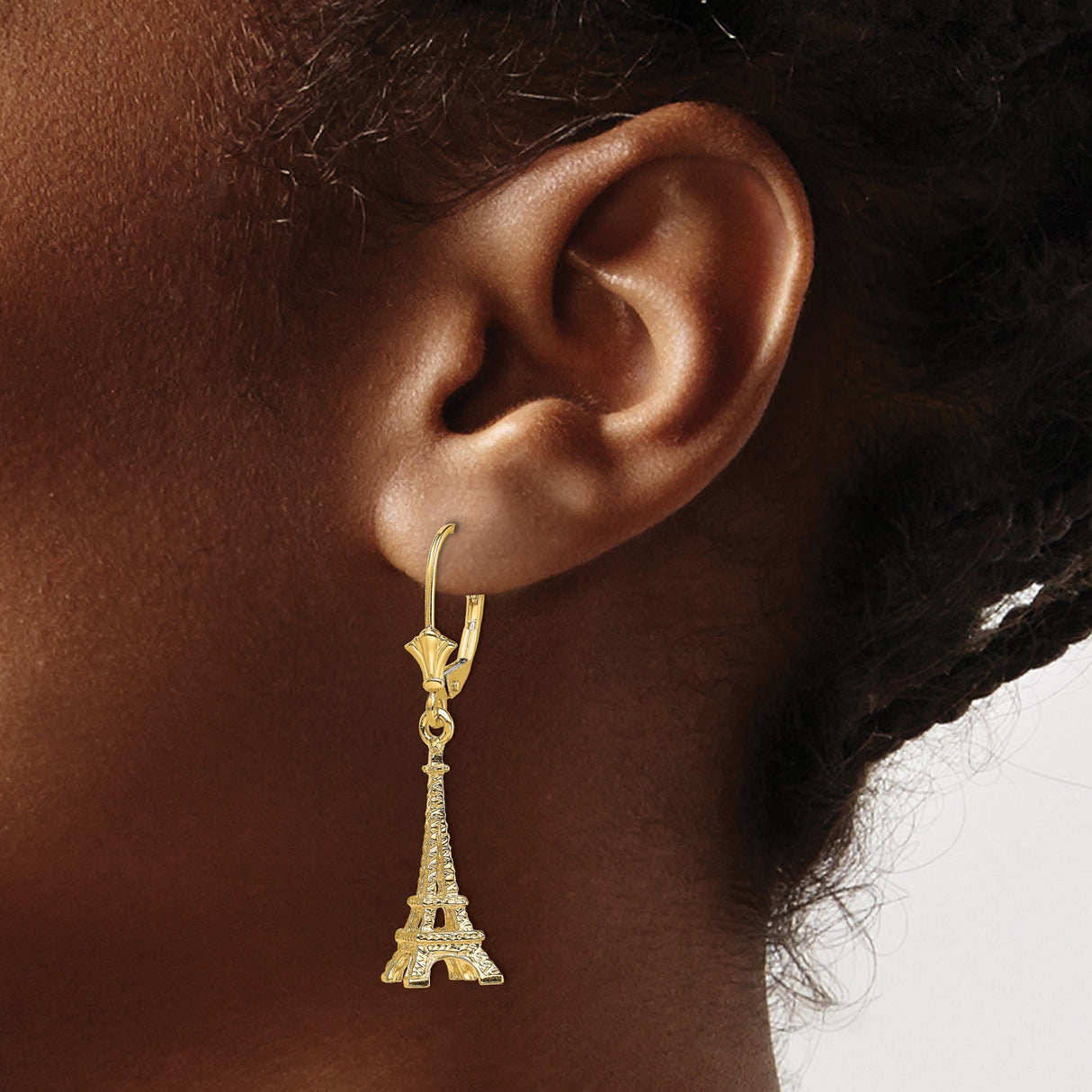14k Yellow Gold Eiffel Tower Dangle Earrings, Paris Landmark Travel Theme for Women
