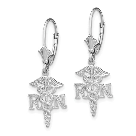 14k White Gold RN Caduceus Dangle Earrings with Leverback for Nurses
