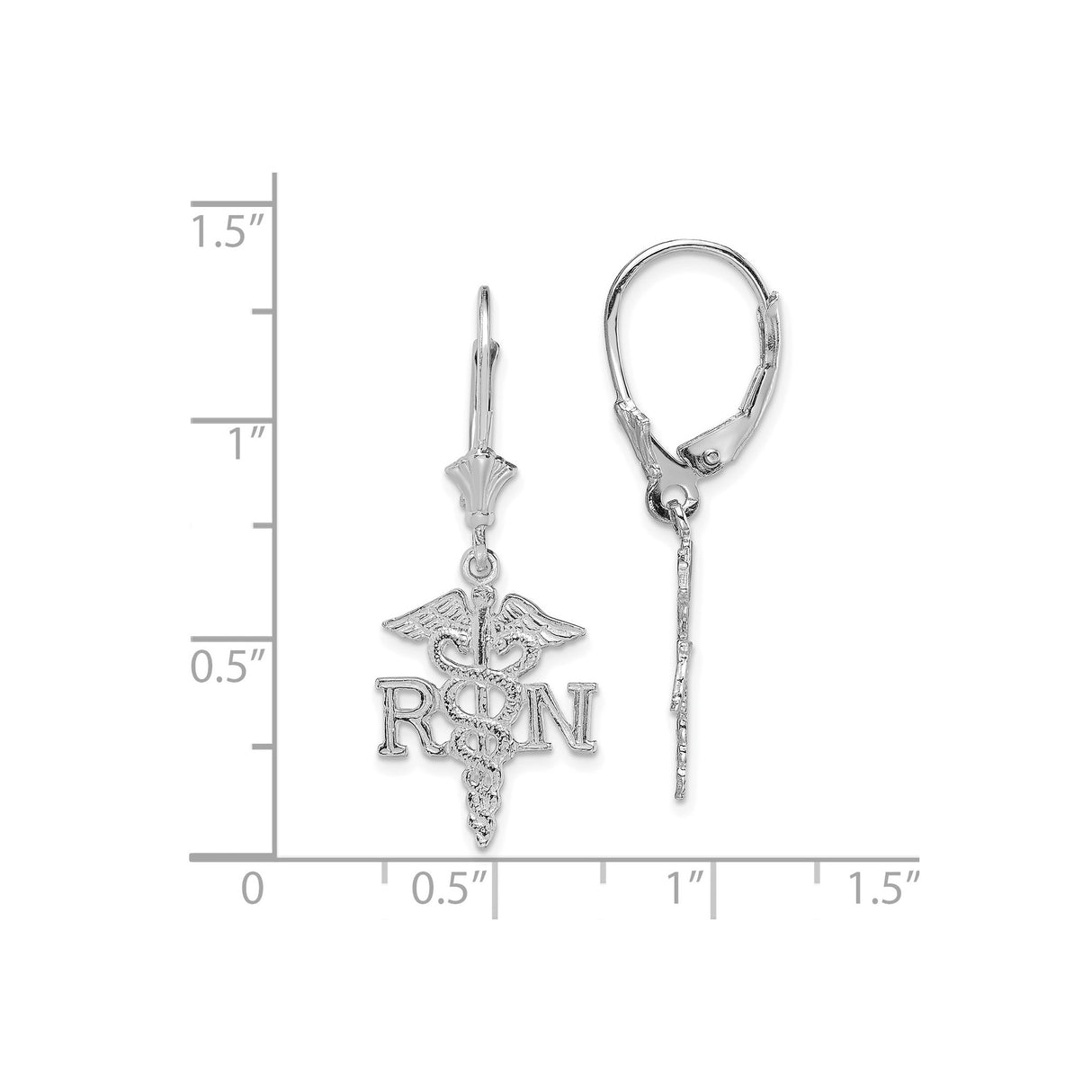 14k White Gold RN Caduceus Dangle Earrings with Leverback for Nurses