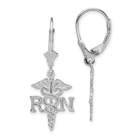 14k White Gold RN Caduceus Dangle Earrings with Leverback for Nurses