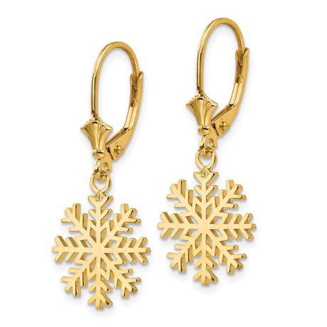 14k Yellow Gold Snowflake Dangle Earrings with Leverback Backs, Winter Holiday Theme