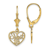 14k Yellow Gold Heart Dangle Earrings with Sweet 16 Script Charm, Leverback Design for Teen Girls