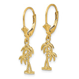 14k Yellow Gold Dangle Earrings with Palm Tree Charms, Leverback Drop Beach Style