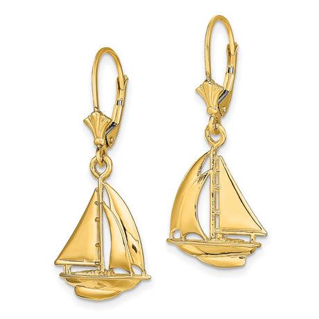 14k Yellow Gold Sailboat Drop Leverback Earrings, Polished Nautical Boat Design