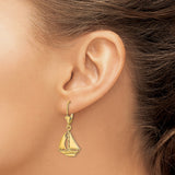 14k Yellow Gold Sailboat Drop Leverback Earrings, Polished Nautical Boat Design