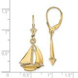 14k Yellow Gold Sailboat Drop Leverback Earrings, Polished Nautical Boat Design
