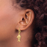 14k Yellow Gold Dangle Earrings, Fishbone Design with Leverback Hooks, Nautical Marine Style