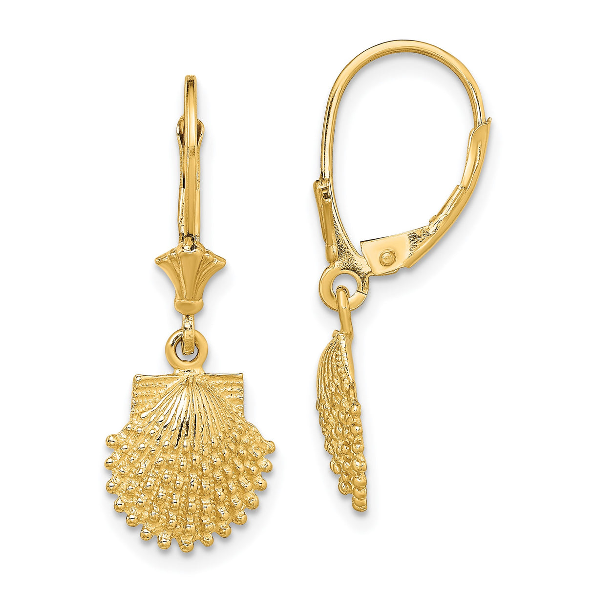 14k Yellow Gold Leverback Earrings with Scallop Shell Charms, Nautical Coastal Style Jewelry