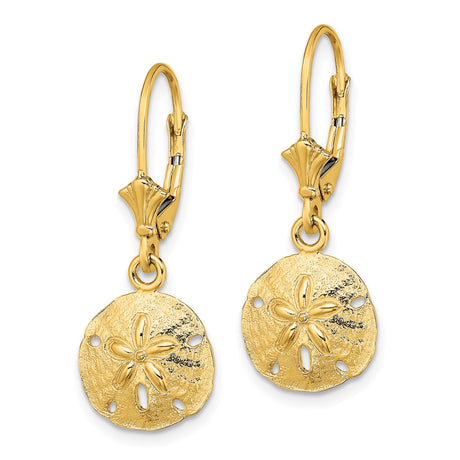 14k Yellow Gold Sand Dollar Dangle Earrings, Ocean Inspired, Coastal Boho Drop Design