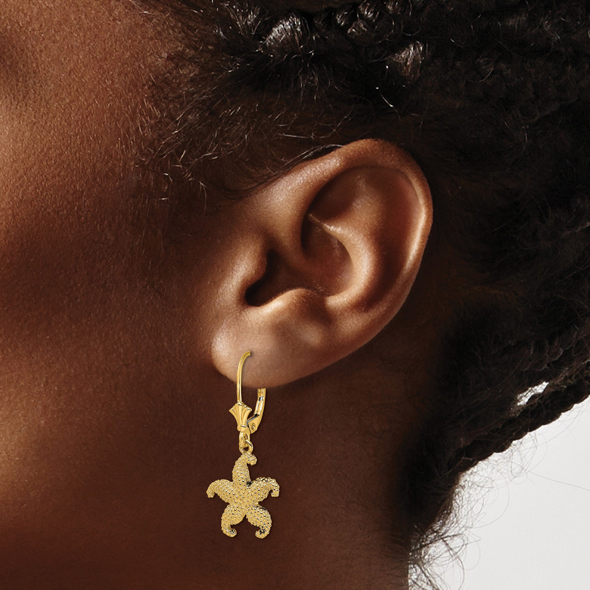 14k Yellow Gold Starfish Dangle Earrings with Textured Detailing, Nautical Beach Style