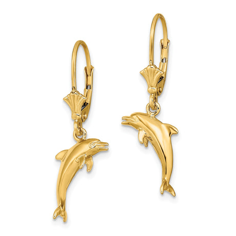 14k Yellow Gold Dolphin Dangle Earrings with Leverback Closures, Nautical Marine Life Theme