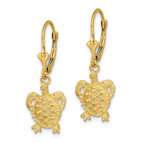 14k Yellow Gold Turtle Dangle Earrings with Leverback Closure, Nautical Ocean-Inspired Design