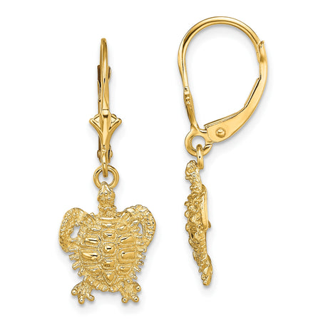 14k Yellow Gold Turtle Dangle Earrings with Leverback Closure, Nautical Ocean-Inspired Design