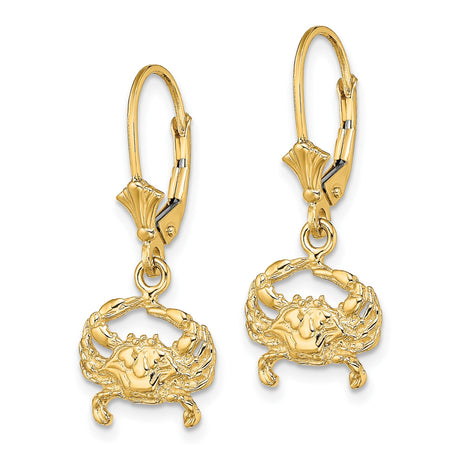 14k Yellow Gold Crab Dangle Earrings with Leverback Hooks, Nautical Cancer Zodiac Jewelry for Women